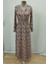 Uzun Kollu Beli Lastikli Desenli Süprem Elbise - Kahve 4