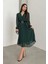 Kruvaze Yaka Şifon Kumaş Astarlı Kloş Kesim Midi Elbise - Yeşil 1