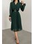Kruvaze Yaka Şifon Kumaş Astarlı Kloş Kesim Midi Elbise - Yeşil 2