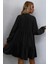 Yaka Bağlamalı Uzun Kollu Keten Elbise - Siyah 3
