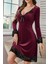 V Yaka Dantel Detaylı Mini Kadife Elbise - Bordo 1