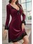V Yaka Dantel Detaylı Mini Kadife Elbise - Bordo 3