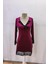 V Yaka Dantel Detaylı Mini Kadife Elbise - Bordo 4