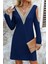 Omuz Açık V Yaka Dantelli Uzun Kol Waffle Mini Elbise - Lacivert 2