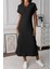 Polo Yaka Yırtmaç Detaylı Fitilli Elbise - Siyah 2