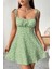 Askılı Kare Yaka Büzgü Detaylı Mini Süprem Elbise - Yeşil 1
