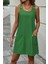 Cepli ve Düğme Detaylı Omuz Askılı Keten Elbise - Yeşil 1