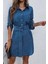 Düğmeli Kuşak Detaylı Ithal Keten Elbise - Mavi 2