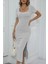 Kare Yaka Kısa Kollu Yırtmaçlı Fitilli Midi Elbise - Gri 2