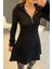 Fermuarlı Kürk Detaylı Viskon Iki Iplik Elbise - Siyah 2