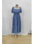Kare Yaka Kısa Kollu Beli Büzgülü Süprem Elbise - Mavi 4