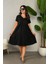 V Yaka Kısa Kollu Viskon Elbise - Siyah 1