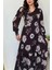 Uzun Kollu V Yaka Süprem Çiçek Desenli Elbise - Siyah 2