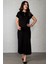 Polo Yaka Düğme Detaylı Yandan Yırtmaçlı Uzun Elbise - Siyah 1