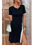 Bisiklet Yaka Yan Yırtmaçlı Kısa Kollu Elbise - Siyah 1