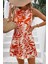 Sıfır Kol Yaprak Desenli Fırfır Detaylı Elbise - Turuncu 1