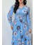 Uzun Kollu V Yaka Süprem Çiçek Desenli Elbise - Mavi 2