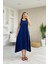 Kolsuz Asimetrik Kesim Viskon Elbise - Lacivert 1