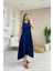 Kolsuz Asimetrik Kesim Viskon Elbise - Lacivert 2