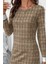 Yuvarlak Yaka Şerit Detaylı Mini Dokuma Elbise - Bej 2