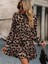 Kadın Uzun Kollu Yakadan Bağcıklı Modal Leopar Desenli Mini Elbise 2