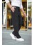 Erkek Cizgili Dokuma Krep Jogger Buggy Pantalon Rahat Kalıp - Siyah 1