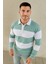 Erkek Polo Yaka Uzun Kollu Çizgili Sweatshirt Trend Rugby Stil - Çağla Yeşili 1