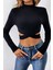 Kadın Siyah Çapraz Bel Detaylı Dik Yaka Uzun Kol Crop Top Bluz 1