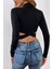Kadın Siyah Çapraz Bel Detaylı Dik Yaka Uzun Kol Crop Top Bluz 2