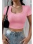 Kadın Pembe Yarım Kol Düz Yaka Crop Top Bluz 5