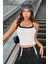 Kadın Siyah Beyaz Çift Renk Çapraz Askılı Crop Top Bluz 5