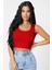Kadın Kırmızı Kare Yaka Crop Top Bluz 4