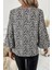 V Yaka Lastikli Manşetli Balon Kol Süprem Bluz - Leopar 2