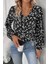 V Yaka Çiçek Desenli Modal Bluz - Siyah 1