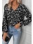 V Yaka Çiçek Desenli Modal Bluz - Siyah 2