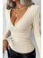 Kruvaze Yaka Şardonlu Kaşkorse Bluz - Bej 1