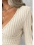 Kruvaze Yaka Şardonlu Kaşkorse Bluz - Bej 2