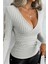Kruvaze Yaka Şardonlu Kaşkorse Bluz - Gri 4