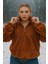 Peluş Yarım Fermuarlı Büzgülü Kanguru Cepli Kadın Sweatshirt Kiremit 1