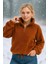Peluş Yarım Fermuarlı Büzgülü Kanguru Cepli Kadın Sweatshirt Kiremit 2