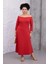 Kadın Kırmızı Kayık Yaka Truvakar Kol Kuplu Büyük Beden Esnek Elbise 1