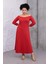 Kadın Kırmızı Kayık Yaka Truvakar Kol Kuplu Büyük Beden Esnek Elbise 2
