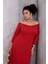 Kadın Kırmızı Kayık Yaka Truvakar Kol Kuplu Büyük Beden Esnek Elbise 5