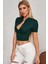 Kadın Yeşil Yarım Fermuarlı ve Kısa Kollu Crop Top Bluz 5