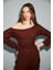 NIVEAS Kadın Yumuşak Ve Esnek Kumaşlı Kayık Yakalı Yanı Büzgülü Koyu Kahverengi Sweatshirt 2