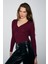 KALANI Kadın Uzun Kollu V Yaka Patlı Düğmeli Bordo Bluz 1