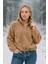 Peluş Yarım Fermuarlı Büzgülü Kanguru Cepli Kadın Sweatshirt Açık Kahverengi 1