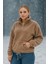 Peluş Yarım Fermuarlı Büzgülü Kanguru Cepli Kadın Sweatshirt Açık Kahverengi 2