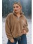 Peluş Yarım Fermuarlı Büzgülü Kanguru Cepli Kadın Sweatshirt Açık Kahverengi 3