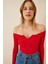 Büzgülü Yaka Crop Örme Bluz Gt LAH0002 Kırmızı 1